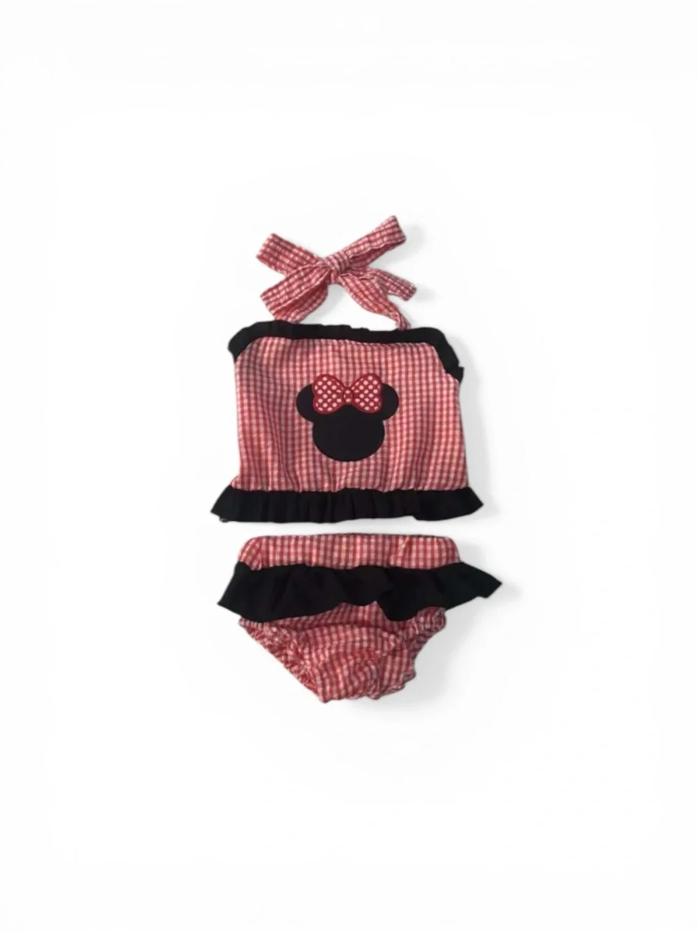 Red Gingham Ruffle Kids Bikini Set with Black Minnie Silhouette